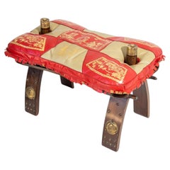 1960s Vintage Egyptian Camel Saddle Stool in Dark Wood & Red Leather