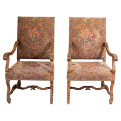 French Baroque Walnut Armchairs with Aubusson Upholstery, Circa 1930