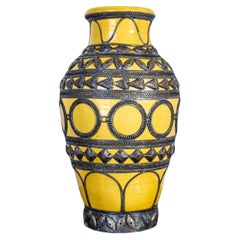 Antique Moroccan Ceramic Vase Bright Yellow with Metal Moorish Filigree overlaid