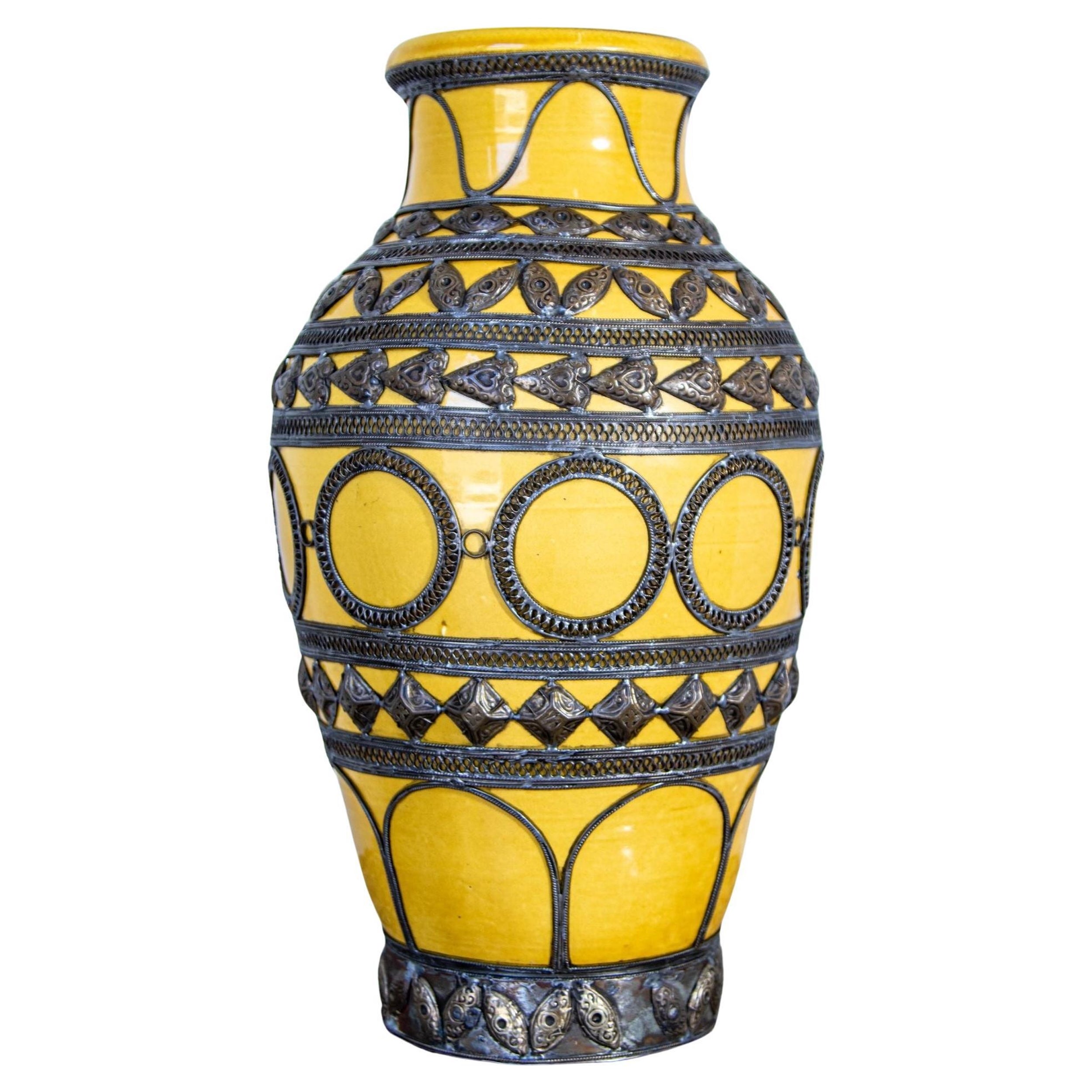 Antique Moroccan Ceramic Vase Bright Yellow with Metal Moorish