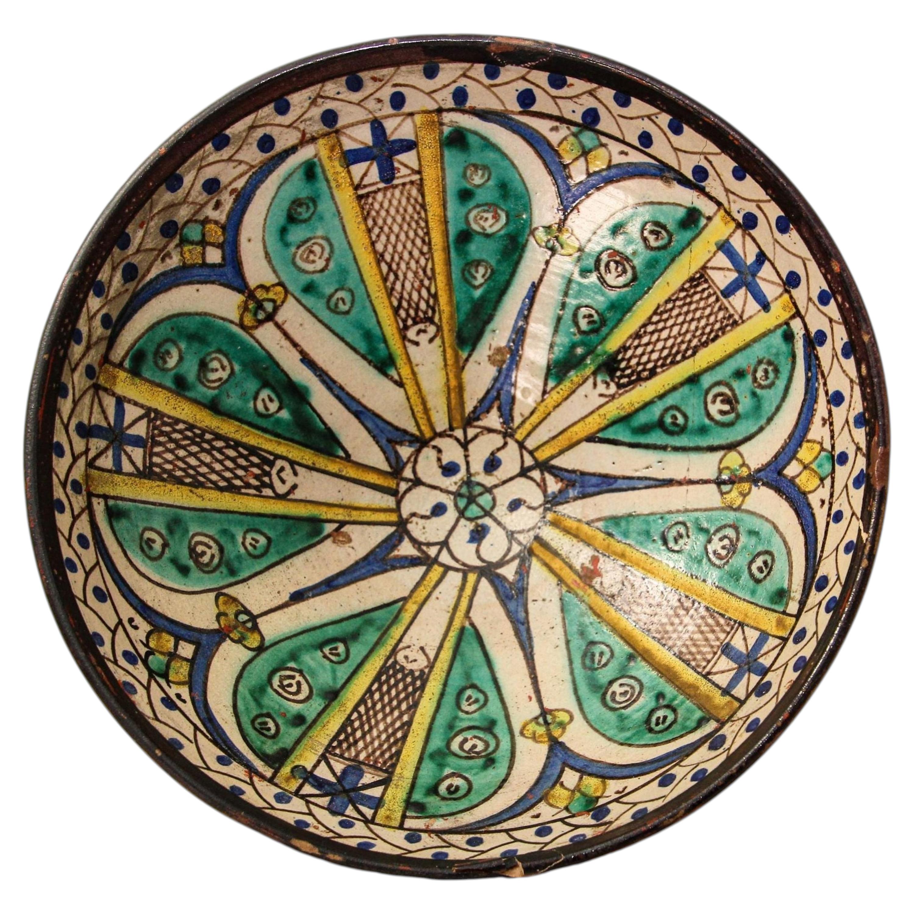 19th C. Moroccan Ceramic Bowl Polychrome Footed Dish Fez