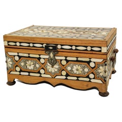 Moroccan Dowry Box Inlaid with White Camel Bone Rectangular Carved Wood Trunk