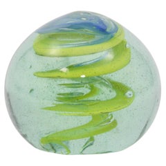 Vintage Blown Art Glass Paperweight in Blue And Green Spiral 1960s