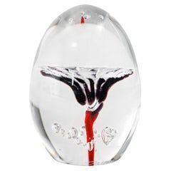 Daum France Blown Crystal Art Glass Paperweight Signed Egg Shape Red Blue White