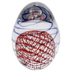 Murano Paperweight Blue Red Ribbons Italian Art Glass Egg Shape Circa 1960s