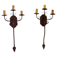 Pair of Vintage Spanish Revival Wrought-Iron Three-Light Wall Sconces
