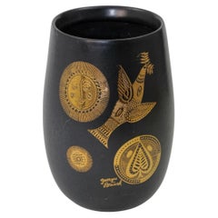 GEORGES BRIARD Black and Gold Ceramic Vase for Hyalyn 1960s Hollywood Regency