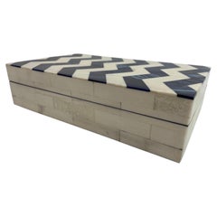 Ivory and Blue Chevron Bone Inlay Box, Handcrafted in India, 1990s