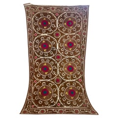 Vintage Embroidered Uzbekistan Suzani Tapestry Wall Hanging Brown and Pink XL