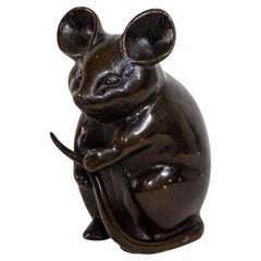 Japanese Okimono Bronze Rat Sculpture, Hand-Crafted Folk Art, 1950s