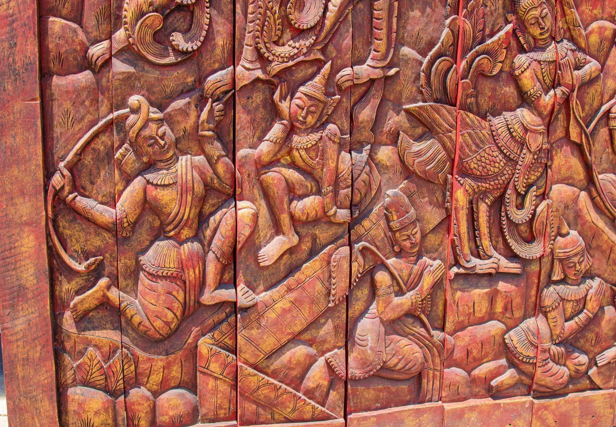 Antique Monumental Asian Hand-Carved Wooden Decorative Mural Panel 8ft For Sale 5