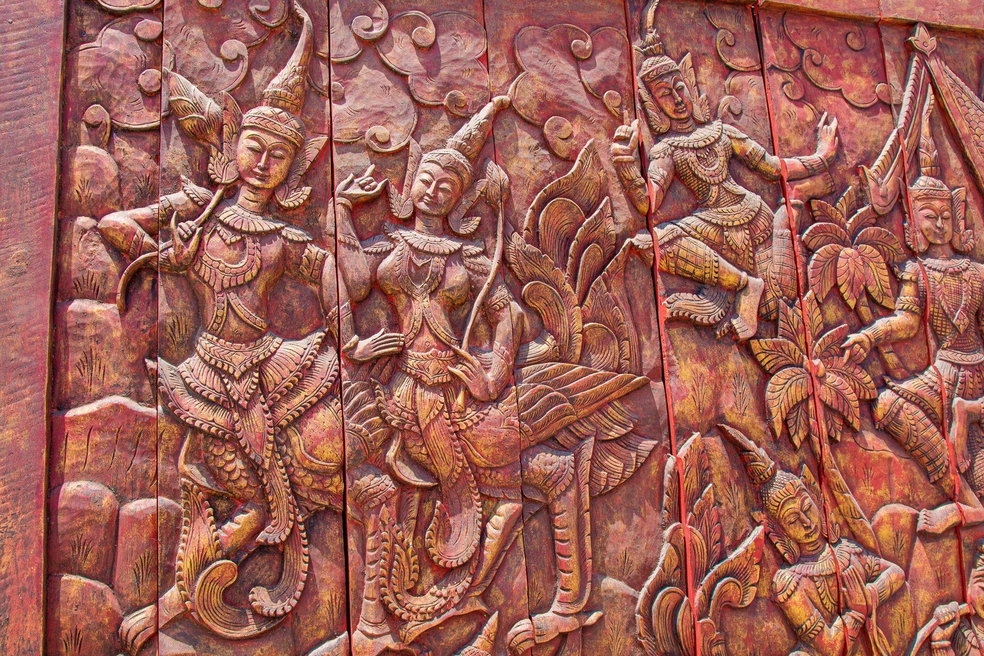 Antique Monumental Asian Hand-Carved Wooden Decorative Mural Panel 8ft For Sale 4