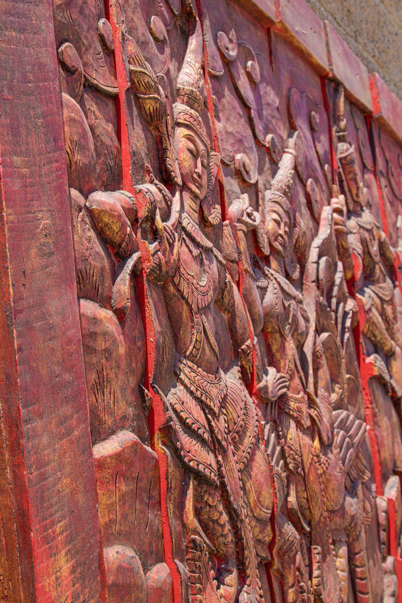 Antique Monumental Asian Hand-Carved Wooden Decorative Mural Panel 8ft For Sale 11
