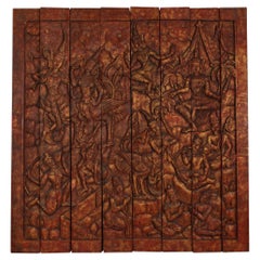 Monumental Vintage Thai Hand-Carved Wood Kinnari Wall Panel, Red and Gold