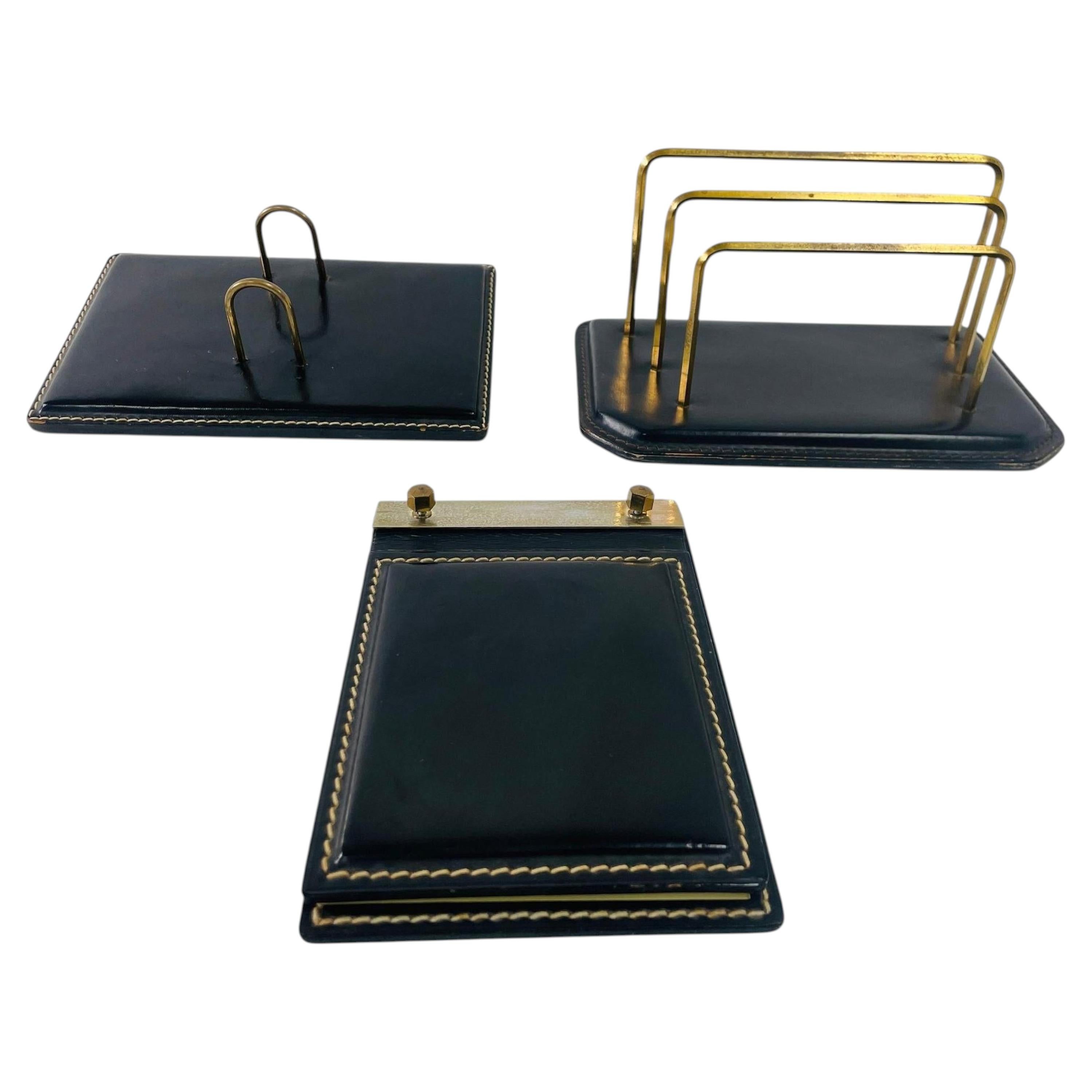 Vintage Art Deco Schwarzes Leder mit Sattelnähten Schreibtischset