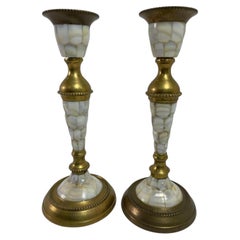 Vintage Messing und Abalone Shell Kerzenständer Ein Paar