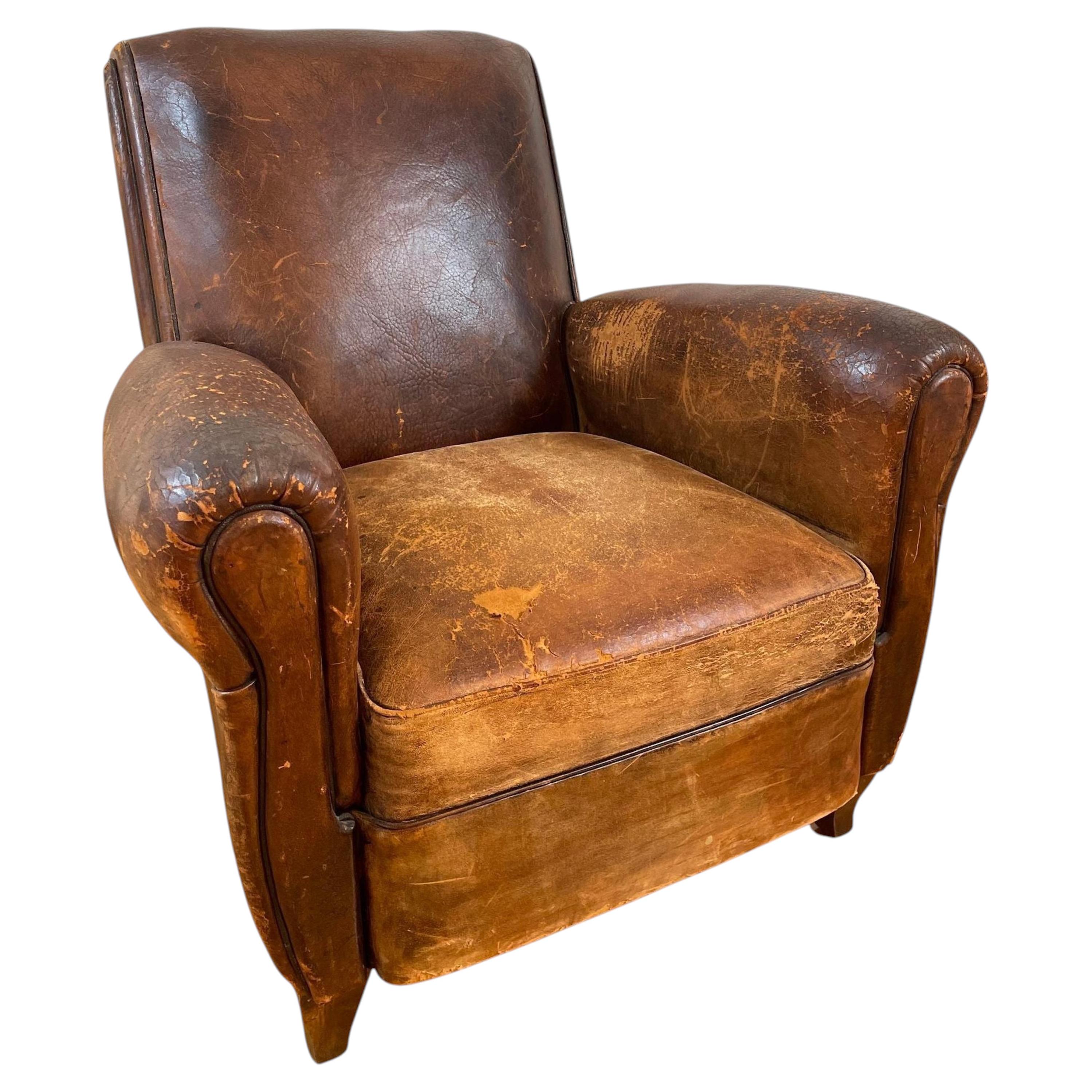Antique French Leather Club Chair Distressed (Sedia da club in pelle)