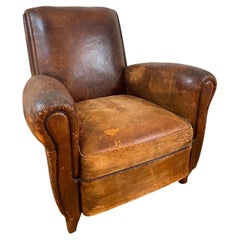 Antique French Art Deco Club Chair, Distressed Brown Leather, 1930s