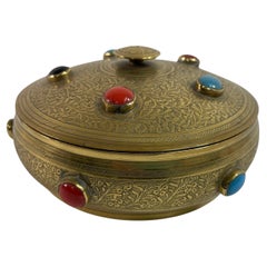 Vintage Moroccan Jewelled Trinket Brass Round Box with Beads