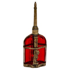 Moroccan Perfume Bottle Sprinkler with Embossed Metal Overlay and Red Glass