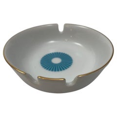 Vintage White Porcelain Ashtray with Gold Rim and Blue Design 1960s