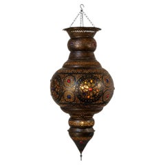 Large Moroccan Moorish Pierced Brass Chandelier with Colored Glass, circa 1940