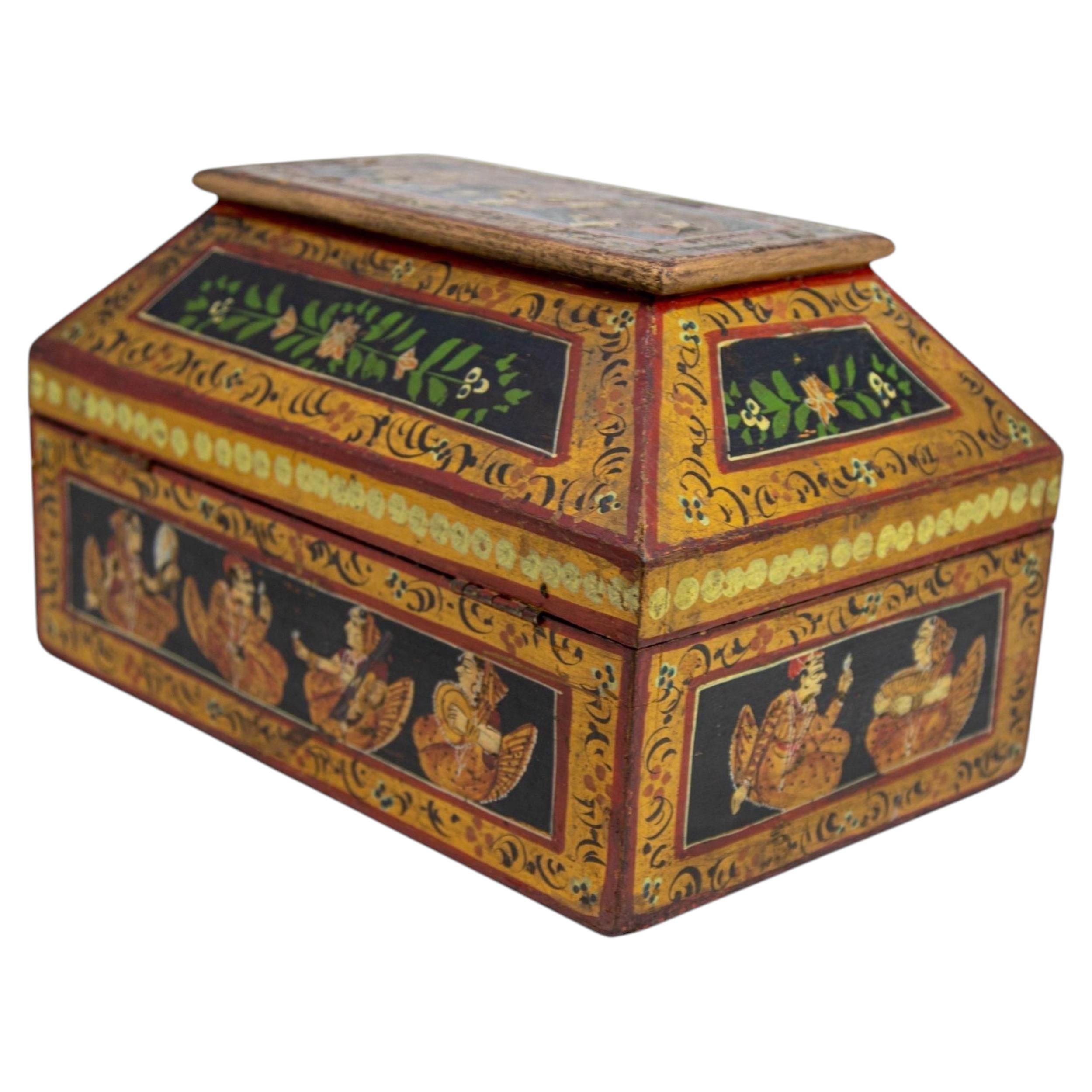 1920s Anglo Raj Hand-Painted Wood Box, Decorative Trinket Chest