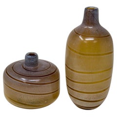 Vintage Yellow Blown Art Glass Bulbous Set of Vases