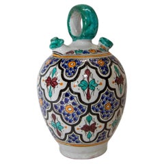 Vintage 1940s Moroccan Fez Polychrome Ceramic Water Moorish Hand-Painted Jug