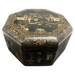 Large Chinese Tea Box Black Lacquered Gilt Hand Painted Octagonal Box 1940s