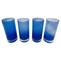 Set of 4 Vintage Cobalt Blue Spiral-Thread Hand-Blown Highball Tumblers