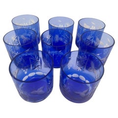 Set Of 8 Vintage Bohemain Cobalt Blue Cut-To-Clear Crystal Whiskey Tumblers