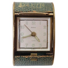 Vintage Art Deco Rensie Travel Alarm Clock in Brass and Green Shagreen 1930s