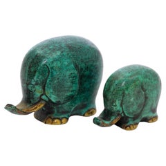 Vintage Elephant Bronze Sculpture Set of 2 in Green Verdigris