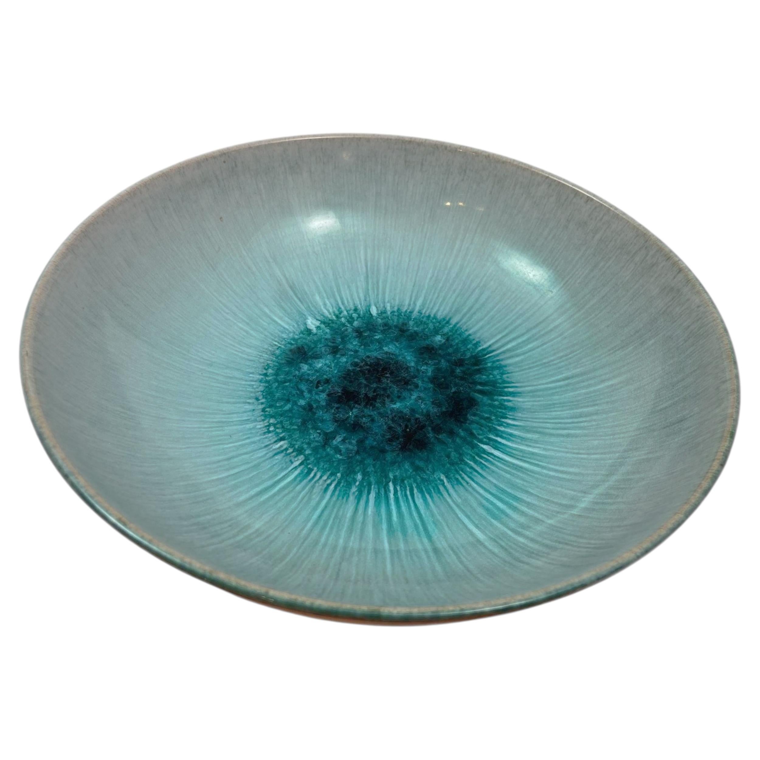 Vintage Studio Pottery Ceramic Bowl with Glaze in Turquoise Tone Signed