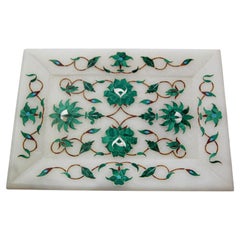Pietra Dura White Mosaic Inlaid Marble Dish Handcrafted Agra India 1950