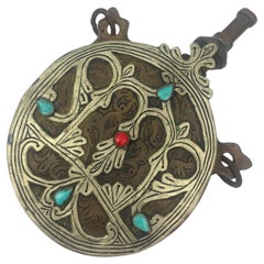 Antique Islamic Arabic Powder Flask, Handcrafted Brass, Morocco, 1920s