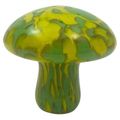Murano Style Art Glass Mushroom Toadstool Paperweight Green and Yellow 1980s