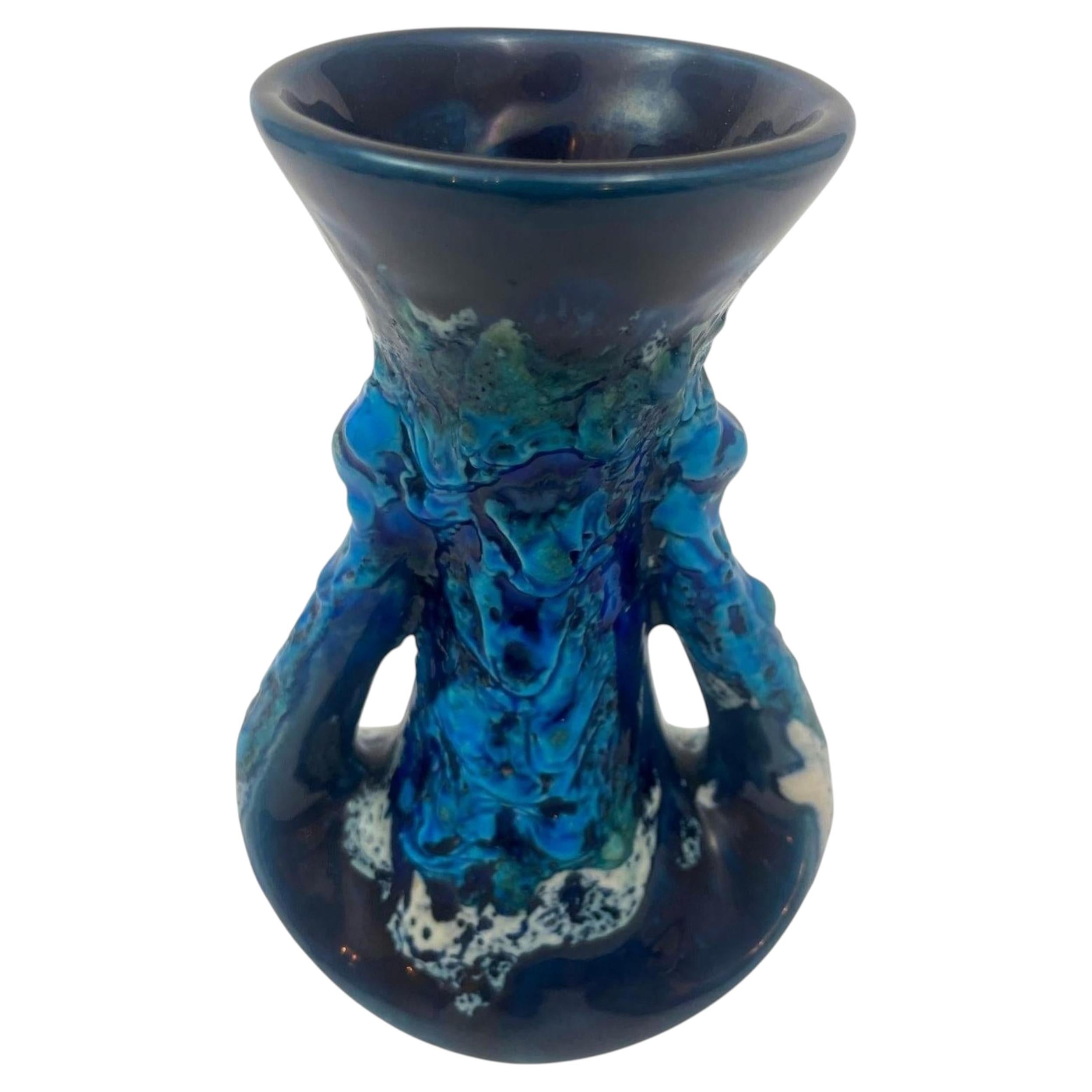 Blaue Keramikvase von VALLAURIS, handgefertigt in Frankreich, 1950er Jahre
