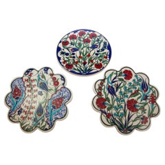 Handcrafted Turkish Iznik Style Ceramic Tiles Set of 3, Vintage, 1980s