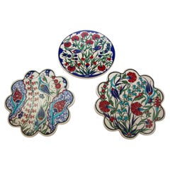 Handcrafted Turkish Iznik Style Ceramic Tiles Set of 3, Vintage, 1980s