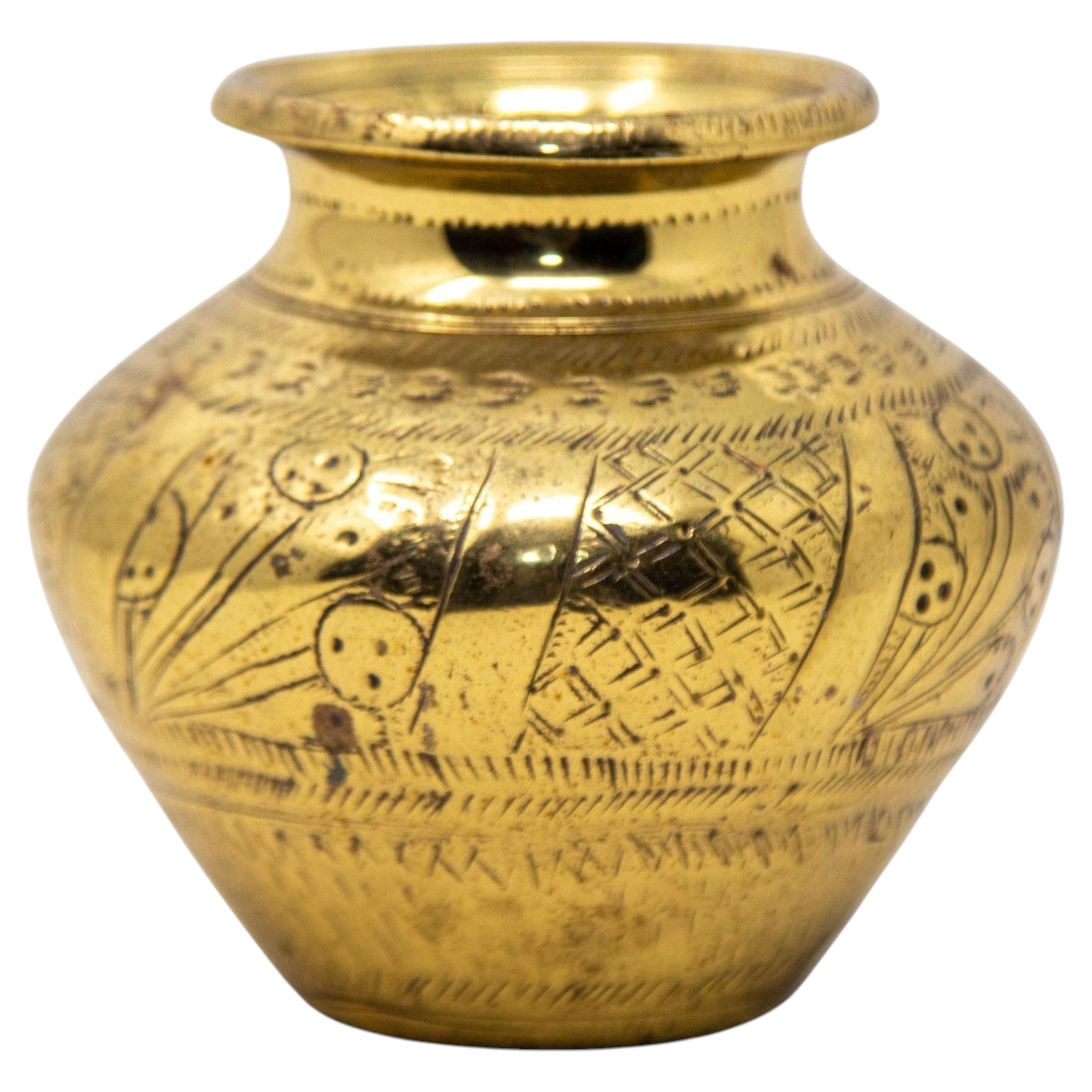 Vintage Small Engraved Brass Lota Vessel from India 1950s