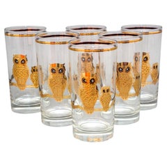 Culver Ltd Highball Barware Glasses 22K Gold Owls Hollywood Regency 1950s Signed