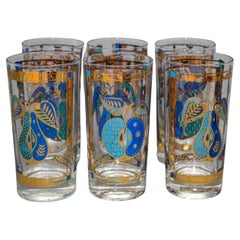 Georges Briard the Forbidden Fruit Pattern Turquoise and Gold Glasses Set of 6