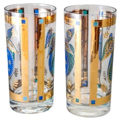 Georges Briard the Forbidden Fruit Pattern Turquoise and Gold Glasses Set of 2