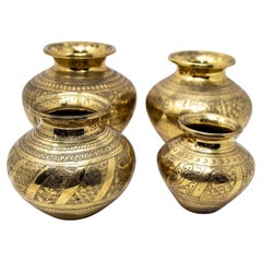Set of Four Vintage Indian Engraved Brass Lota Ritual Water Vessels, 1950s