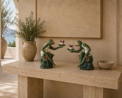 Chinoiserie Figurita Mono Portavelas Resina Verde y Rosa un Par