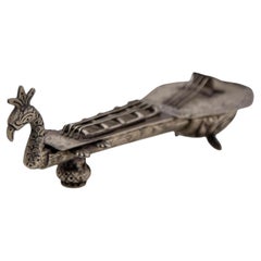 Asian Silver Metal Hand Carved Peacock Sitar Veena Form Box 1950