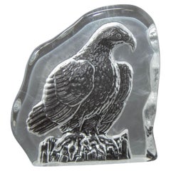 Vintage Nybro Poland Grande aquila calva incisa, fermacarte in vetro artistico