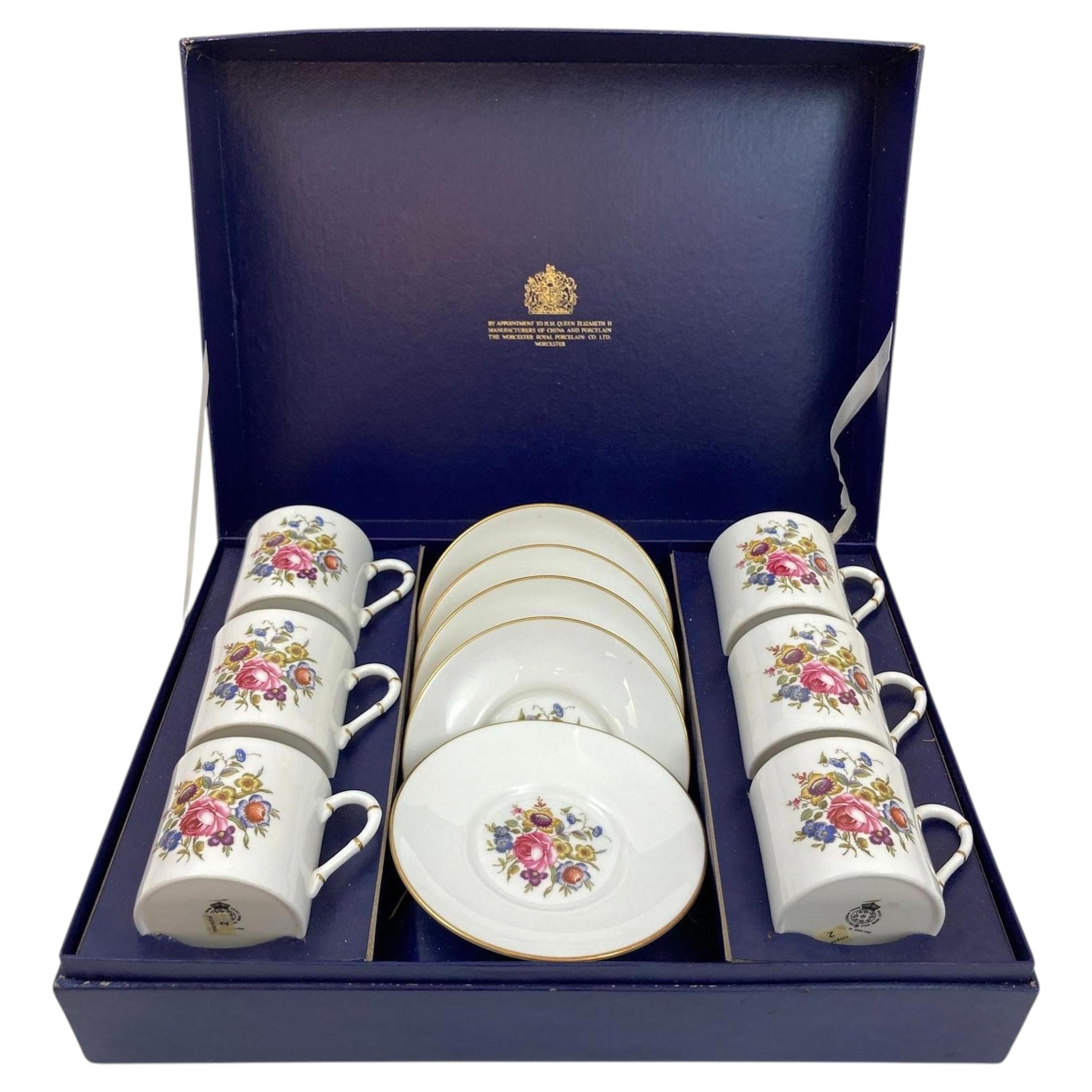 Royal Worcester England Set of Six Demitasse Cups and Saucers In Original Box For Sale